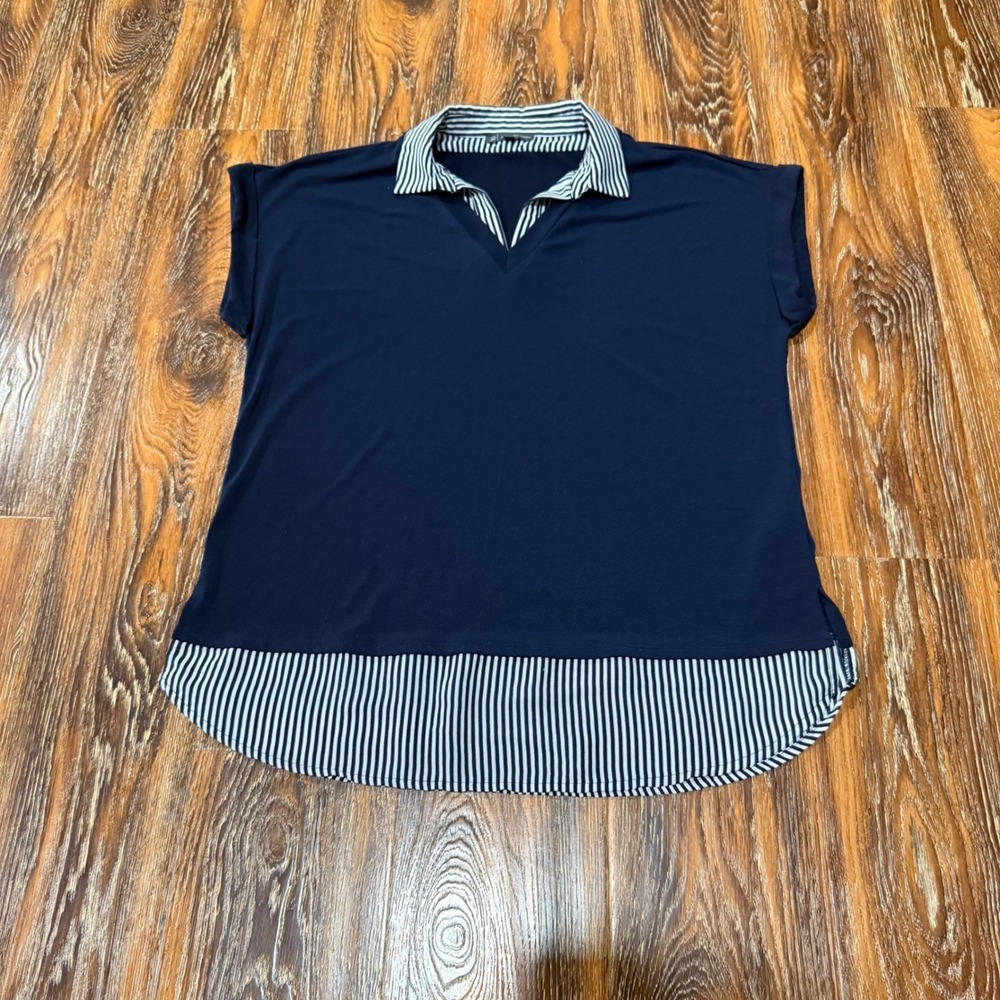 Adrianna Papell Womens Navy Blue Striped Mixed Media V-Neck Blouse Top Size M - Picture 1 of 6